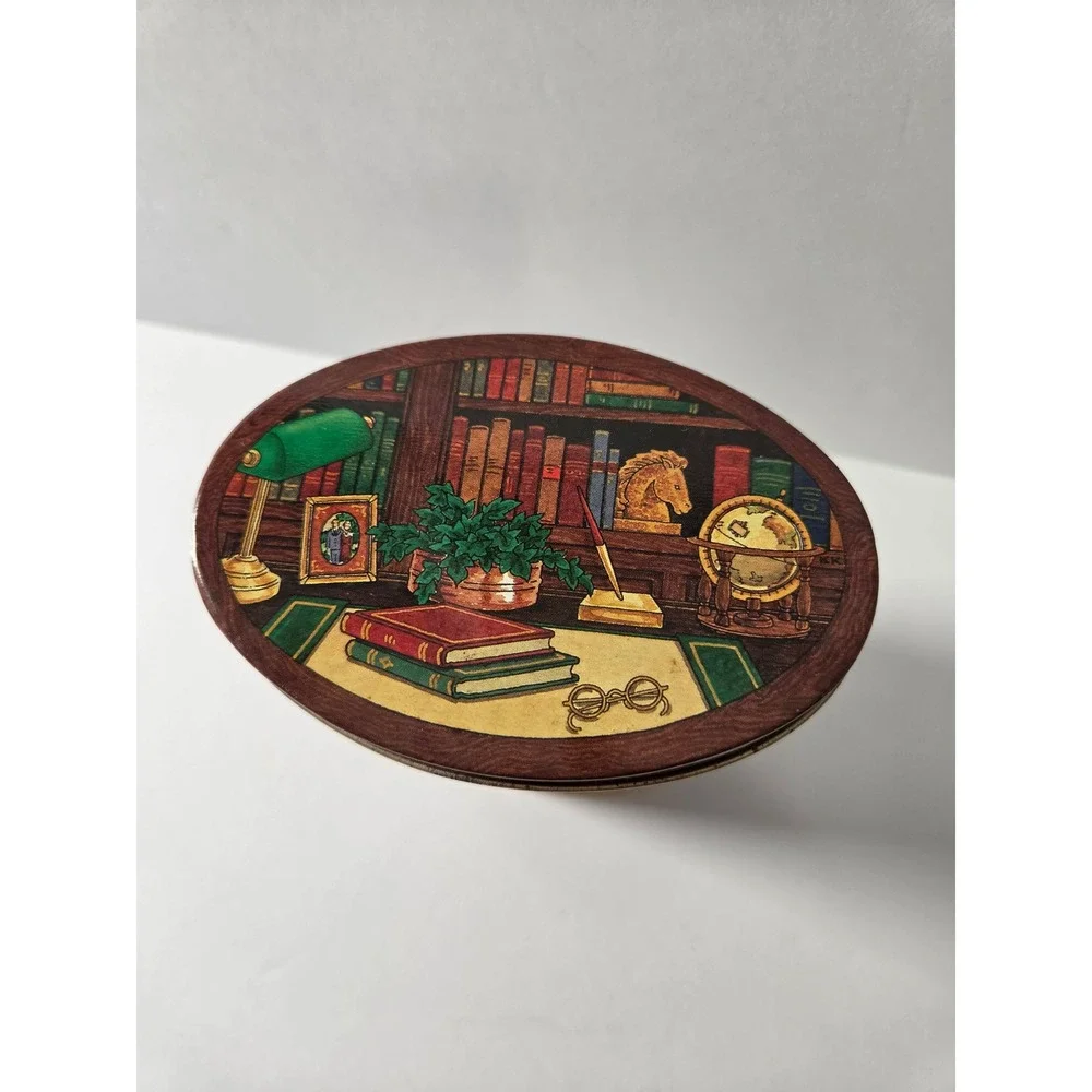 Vintage Keller Charles Philadelphia Library Study Scene Oval Metal Tin Storage